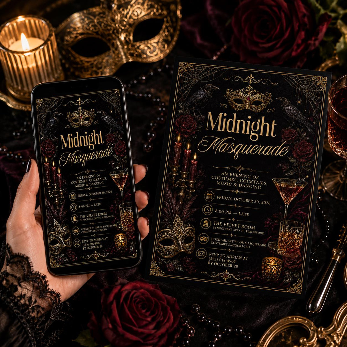 Gold and Black Midnight Masquerade Invitation: Gothic Halloween Costume Party — print-ready Halloween party design