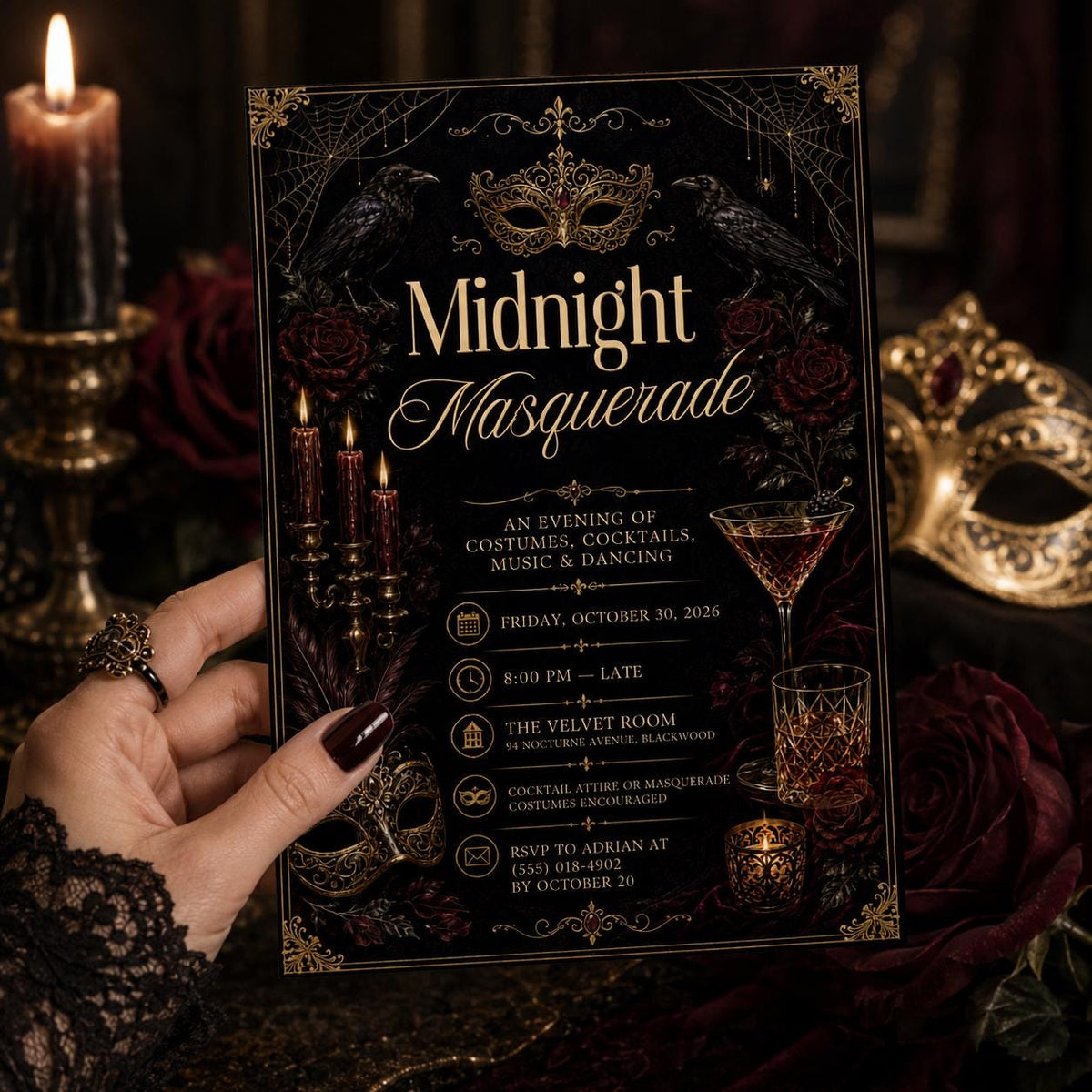 Gold and Black Midnight Masquerade Invitation: Gothic Halloween Costume Party — digital invitation, instant download