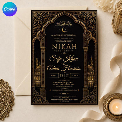 Gold and Black Nikah Invitation — editable Canva template