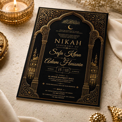 Gold and Black Nikah Invitation — invitation you personalize in Canva