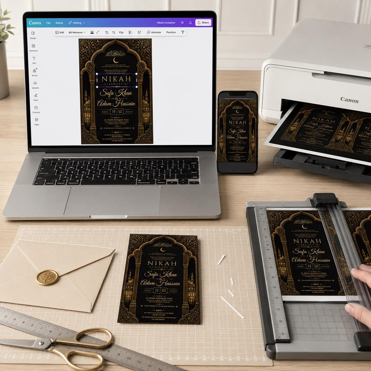 Gold and Black Nikah Invitation — print-ready nikah ceremony design from VoltBy