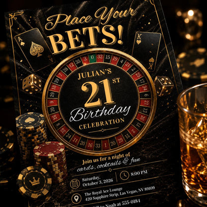Gold and Black Place Your Bets 21st Birthday Invitation — print-ready 21st birthday party design from VoltBy