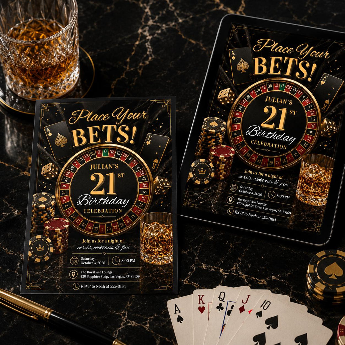 Gold and Black Place Your Bets 21st Birthday Invitation — digital invitation, instant download