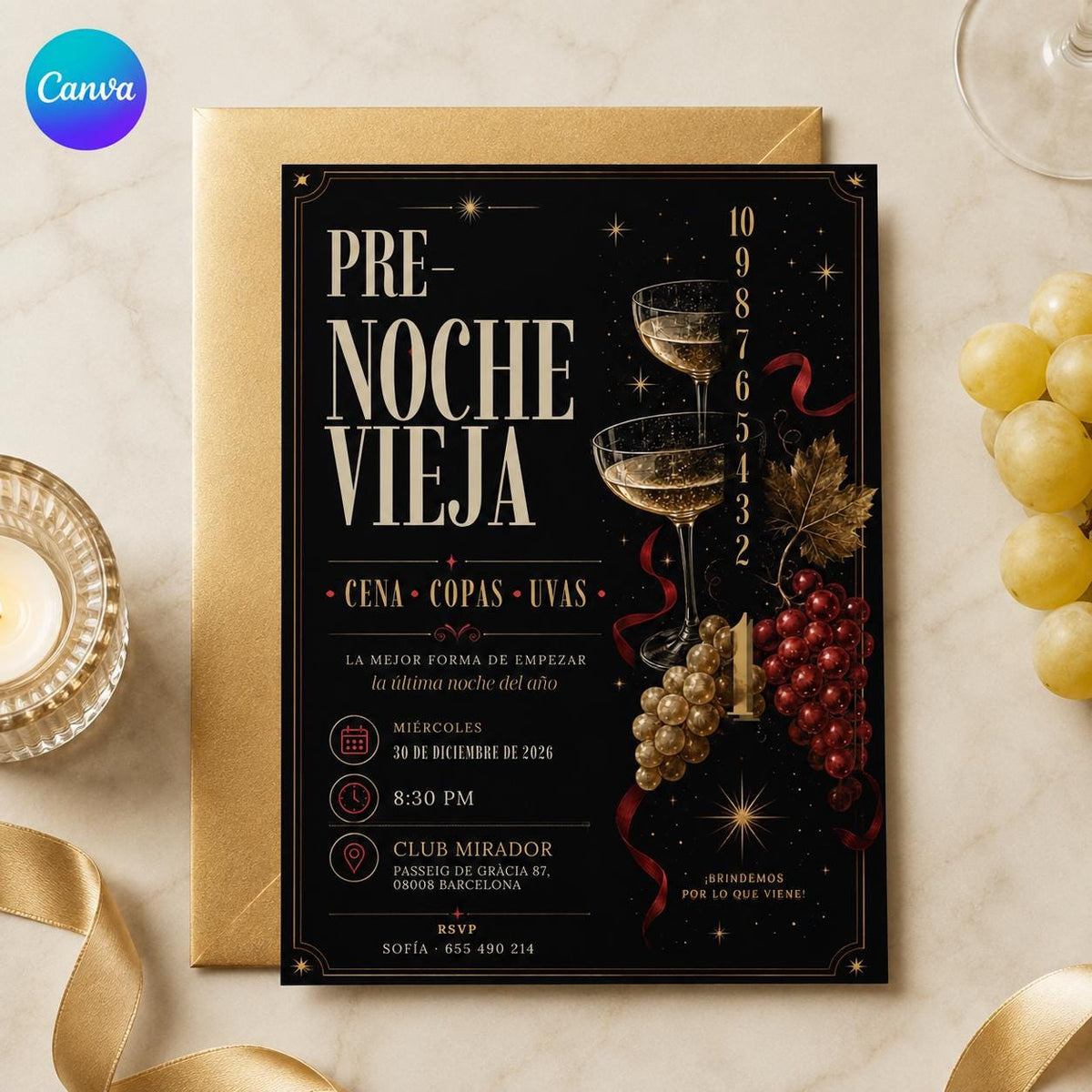 Gold and Black Pre Nochevieja Invitation — editable Canva template