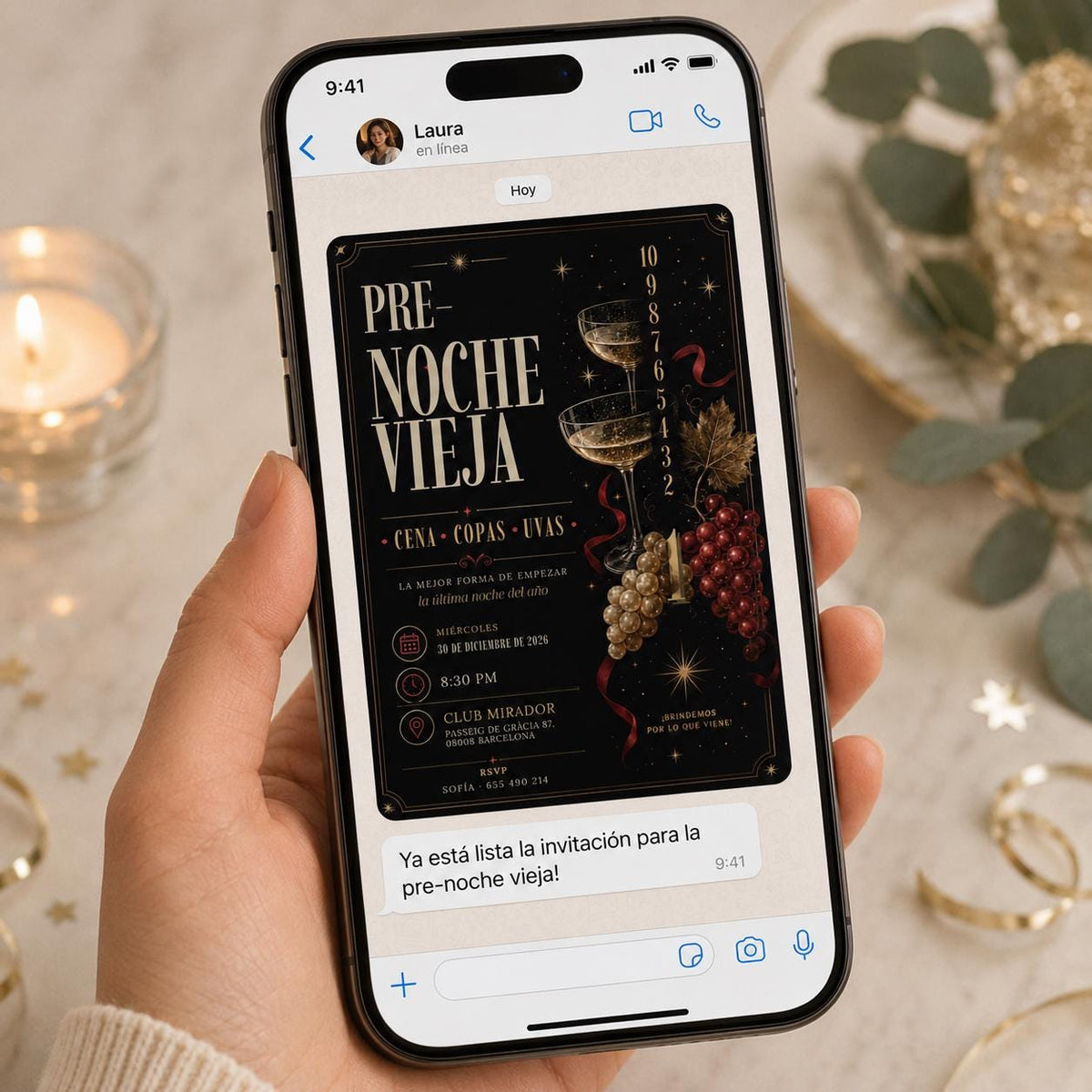 Gold and Black Pre Nochevieja Invitation — champagne design