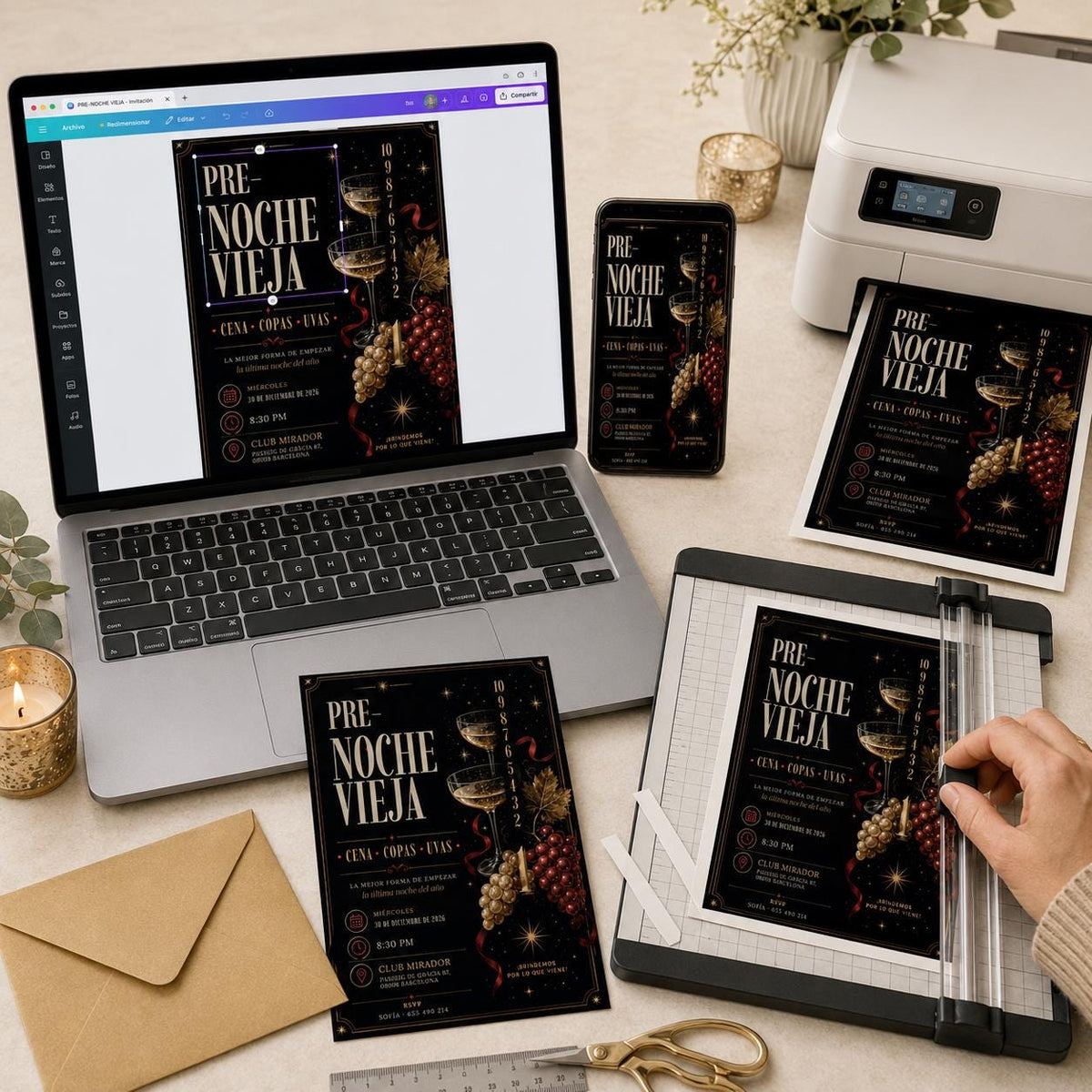 Gold and Black Pre Nochevieja Invitation — elegant New Year party design