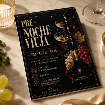 Gold and Black Pre Nochevieja Invitation — print-ready New Year party design from VoltBy