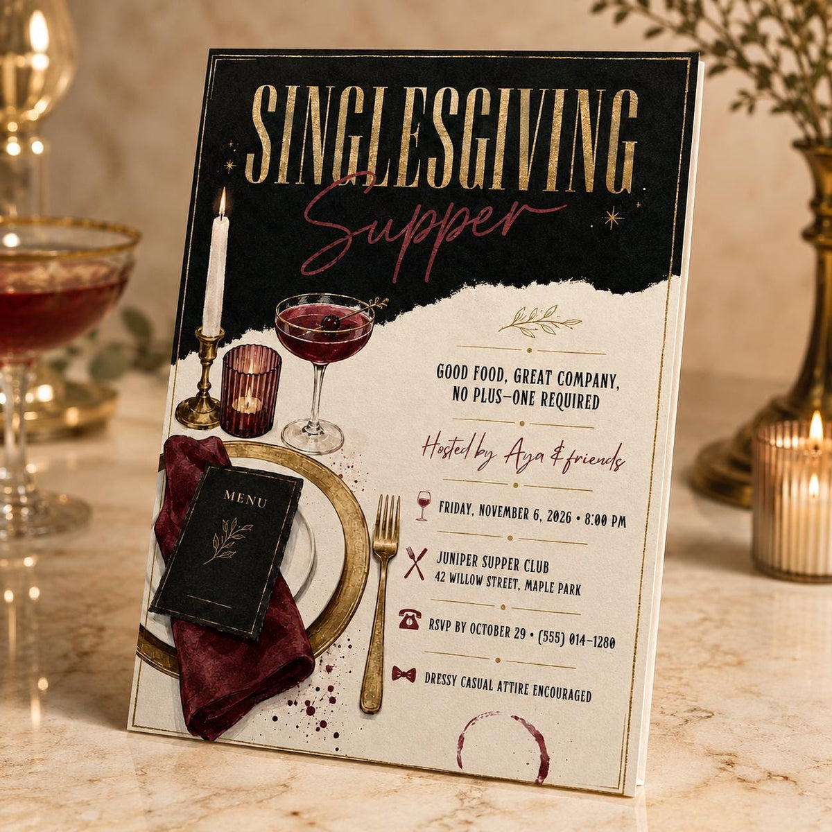 Gold and Black Singlesgiving Dinner Invitation — elegant Friendsgiving design