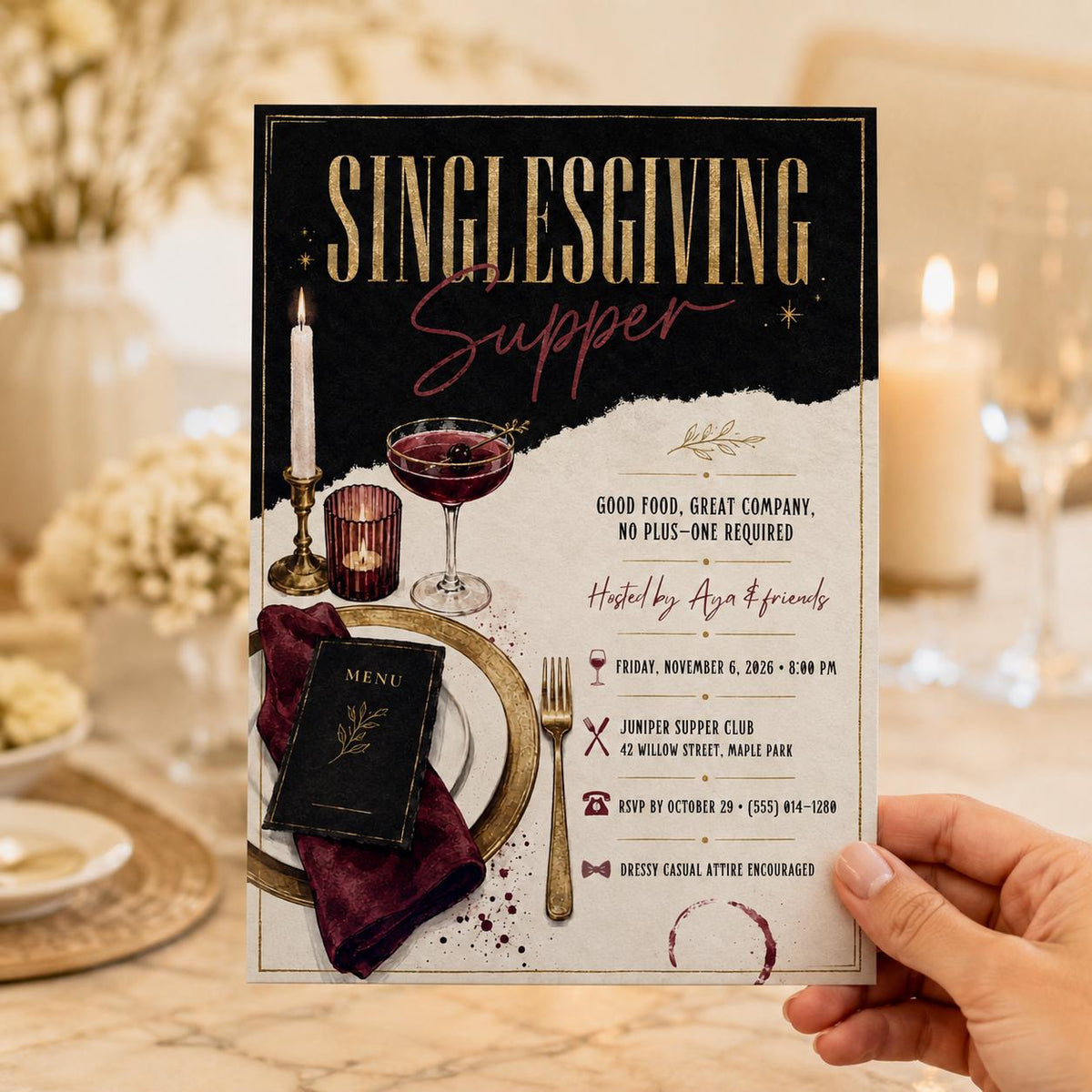 Gold and Black Singlesgiving Dinner Invitation — print-ready Friendsgiving design from VoltBy