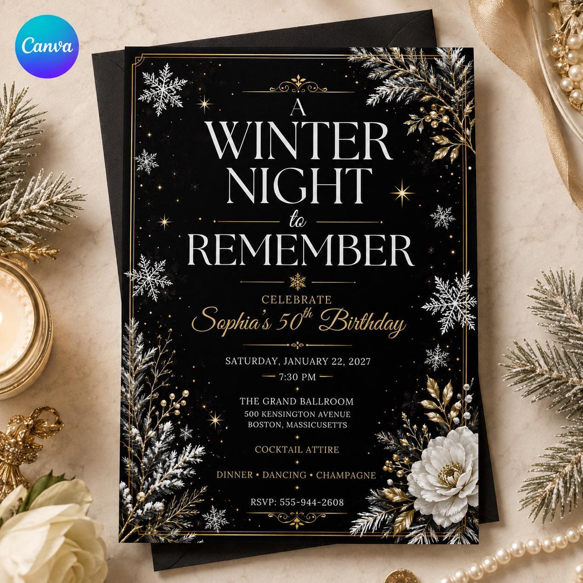 Gold and Black Winter 50th Birthday Invitation — editable Canva template
