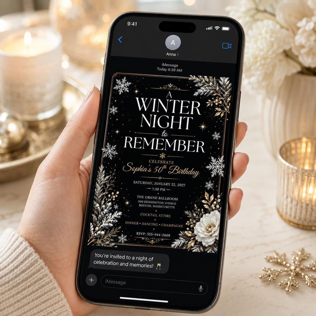 Gold and Black Winter 50th Birthday Invitation — snowflake design
