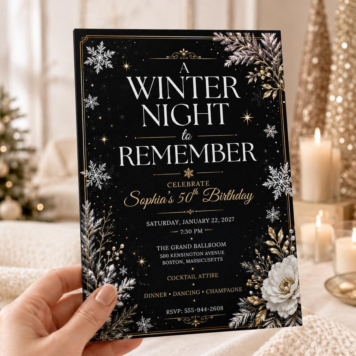 Gold and Black Winter 50th Birthday Invitation — invitation you personalize in Canva