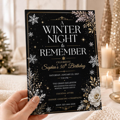 Gold and Black Winter 50th Birthday Invitation — invitation you personalize in Canva