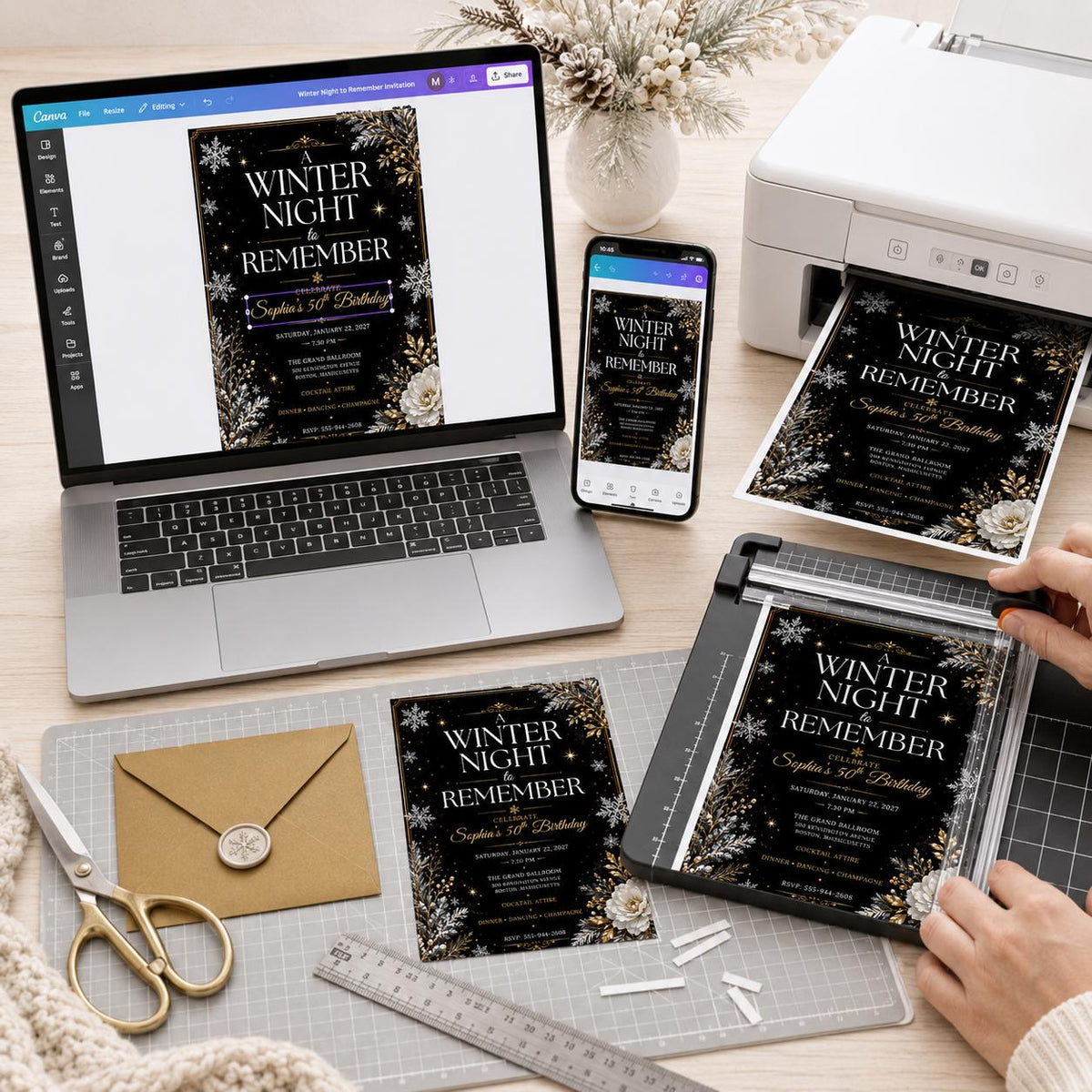 Gold and Black Winter 50th Birthday Invitation — elegant 50th birthday party design