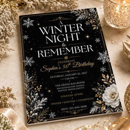 Gold and Black Winter 50th Birthday Invitation — print-ready 50th birthday party design from VoltBy