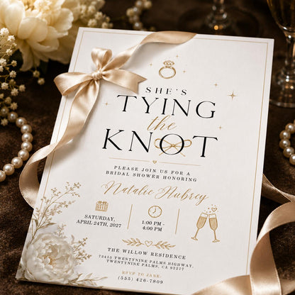 Gold and Neutral Bridal Shower Invitation — bow champagne design