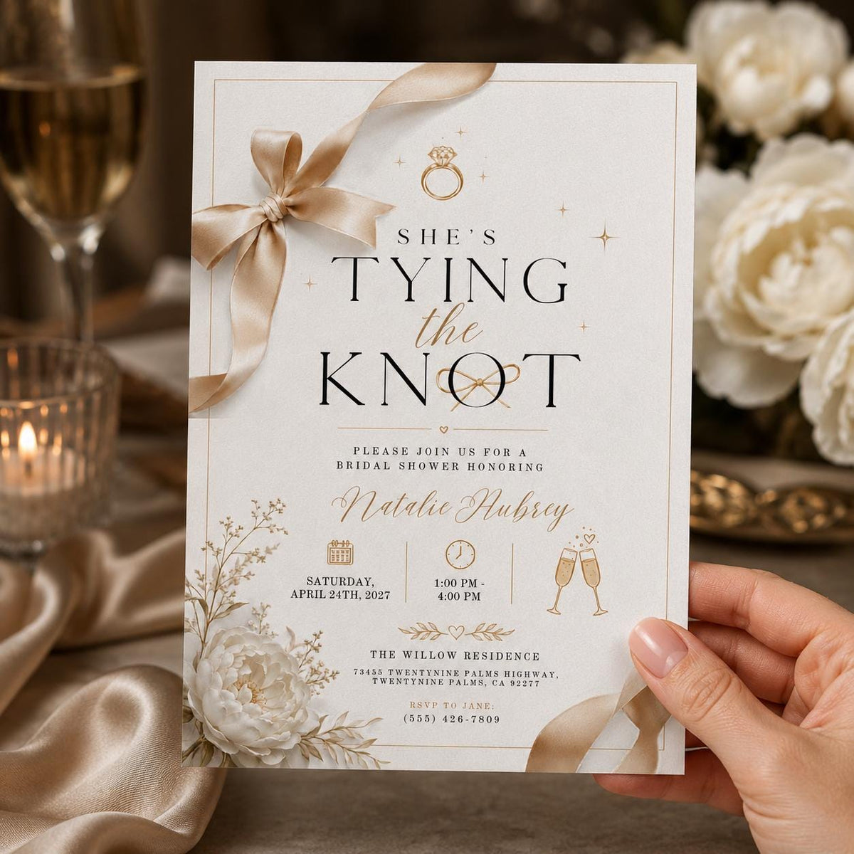 Gold and Neutral Bridal Shower Invitation — elegant bridal shower design