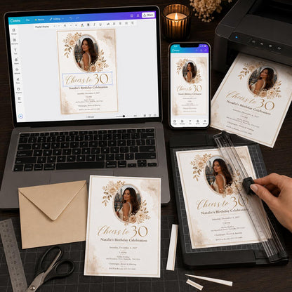 Gold and White 30th Birthday Invitation — champagne floral design