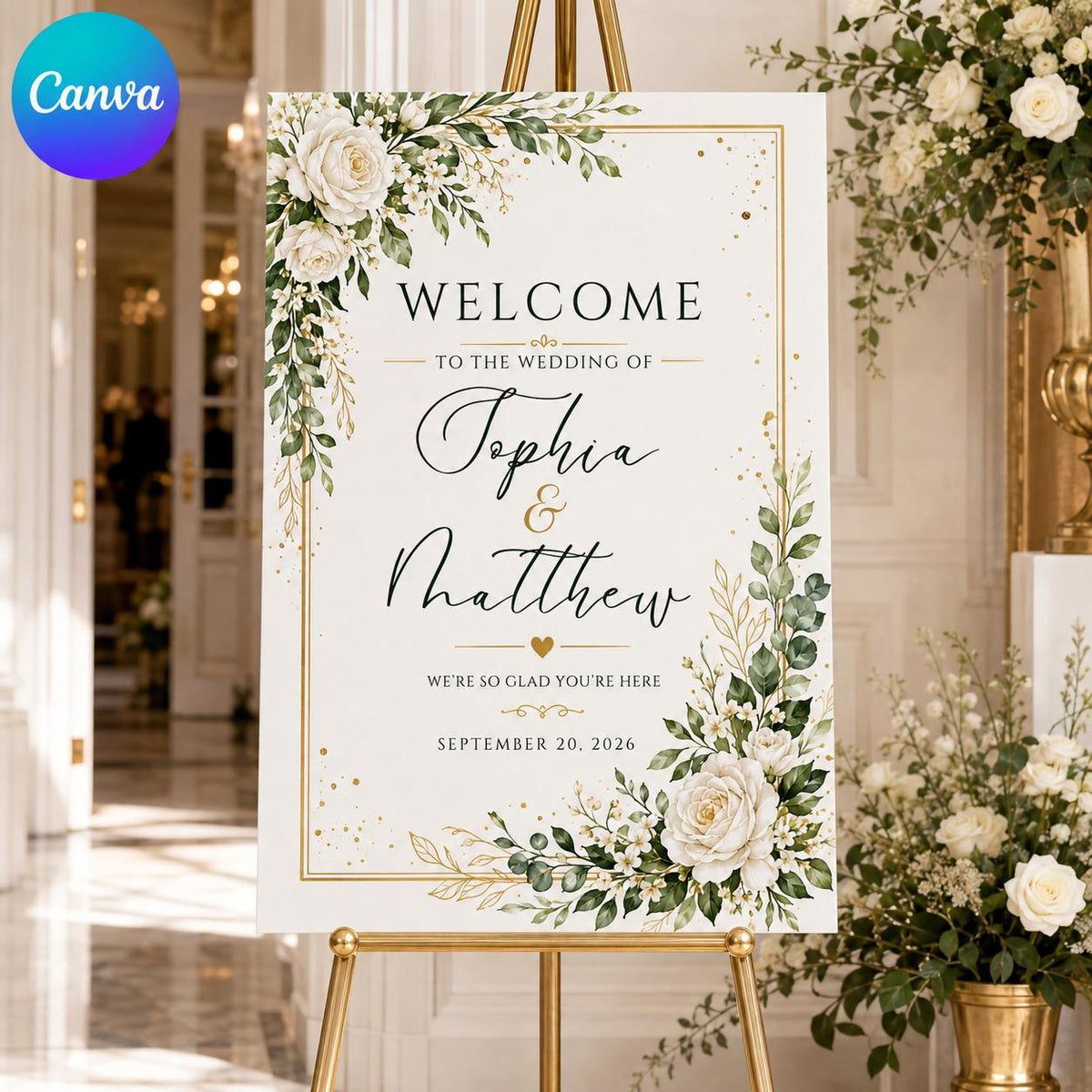 Gold and White Wedding Welcome Sign — editable Canva template