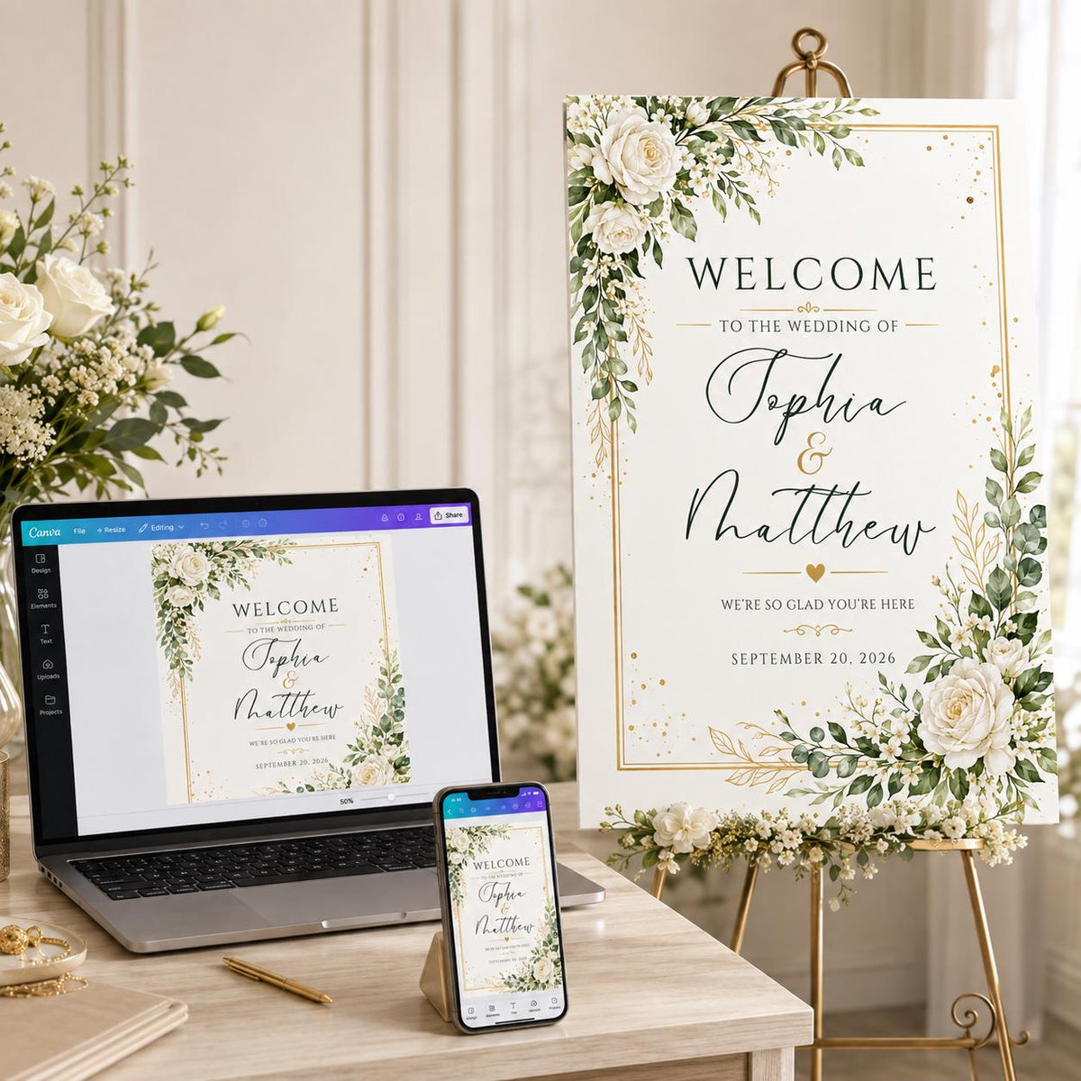 Gold and White Wedding Welcome Sign — floral greenery design