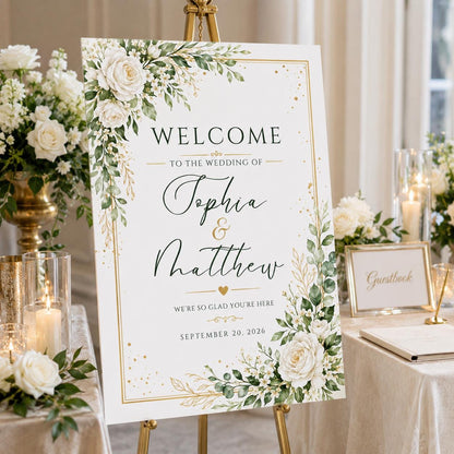 Gold and White Wedding Welcome Sign — welcome sign you personalize in Canva