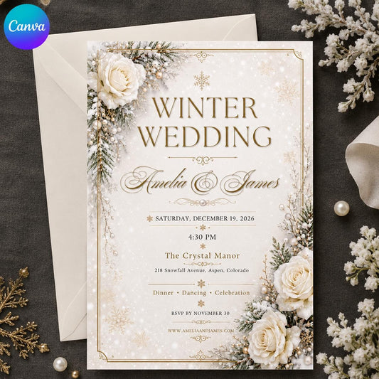 Gold and White Winter Wedding Invitation — editable Canva template