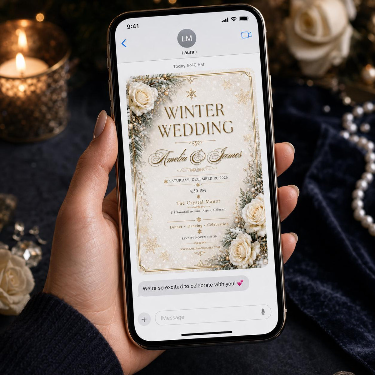 Gold and White Winter Wedding Invitation — snowflake design