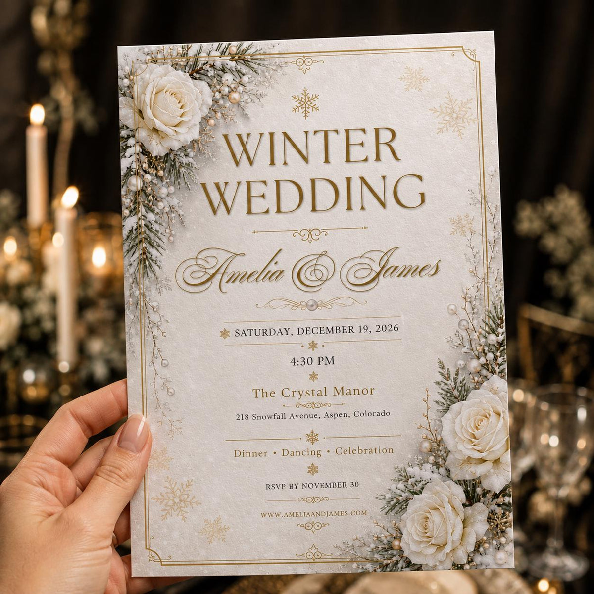 Gold and White Winter Wedding Invitation — invitation you personalize in Canva