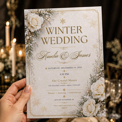 Gold and White Winter Wedding Invitation — invitation you personalize in Canva