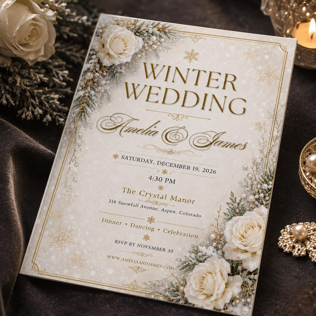 Gold and White Winter Wedding Invitation — print-ready wedding design from VoltBy