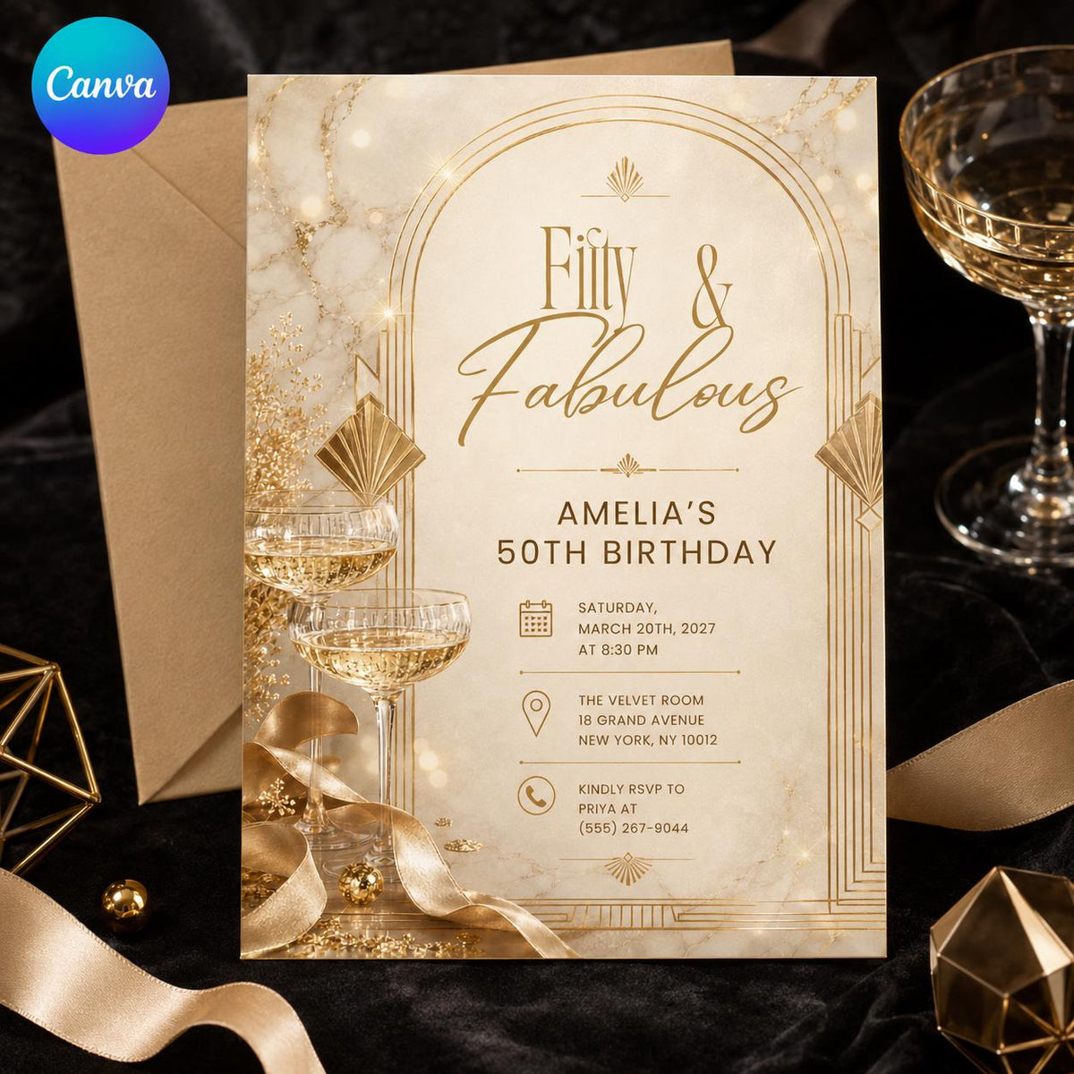 Gold Art Deco 50th Birthday Invitation — editable Canva template