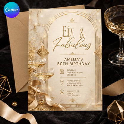 Gold Art Deco 50th Birthday Invitation — editable Canva template