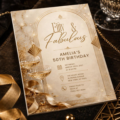 Gold Art Deco 50th Birthday Invitation — champagne design