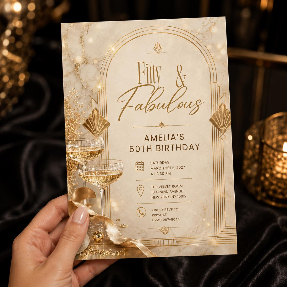 Gold Art Deco 50th Birthday Invitation — print-ready 50th birthday party design from VoltBy