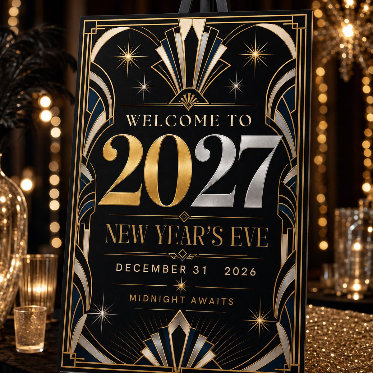Gold Art Deco New Year Welcome Sign in black