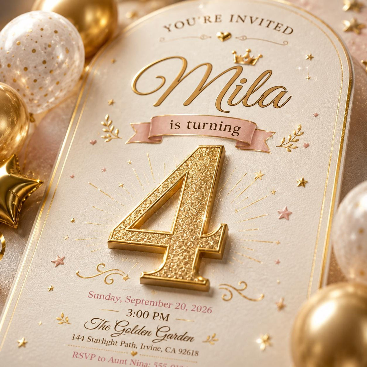 Gold Balloon and Glitter 4th Birthday Invitation for Girls — invitation you personalize in Canva