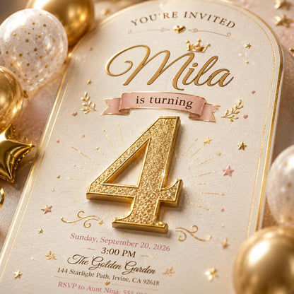 Gold Balloon and Glitter 4th Birthday Invitation for Girls — invitation you personalize in Canva
