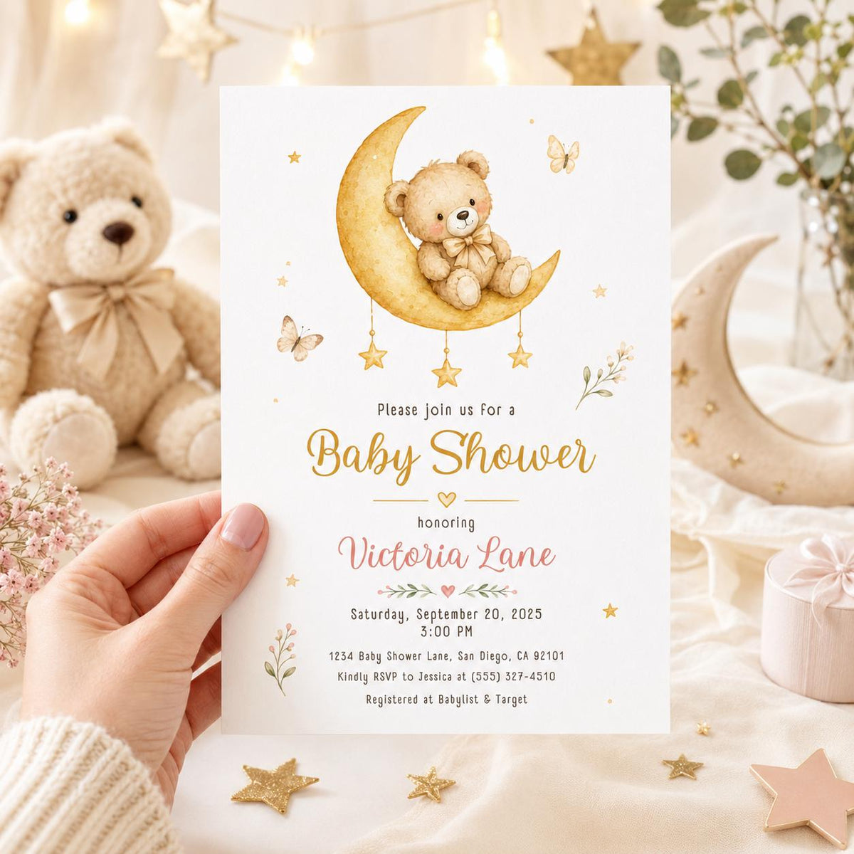 Gold Boho Moon and Stars Baby Shower Invitation for Girls — celestial teddy bear design