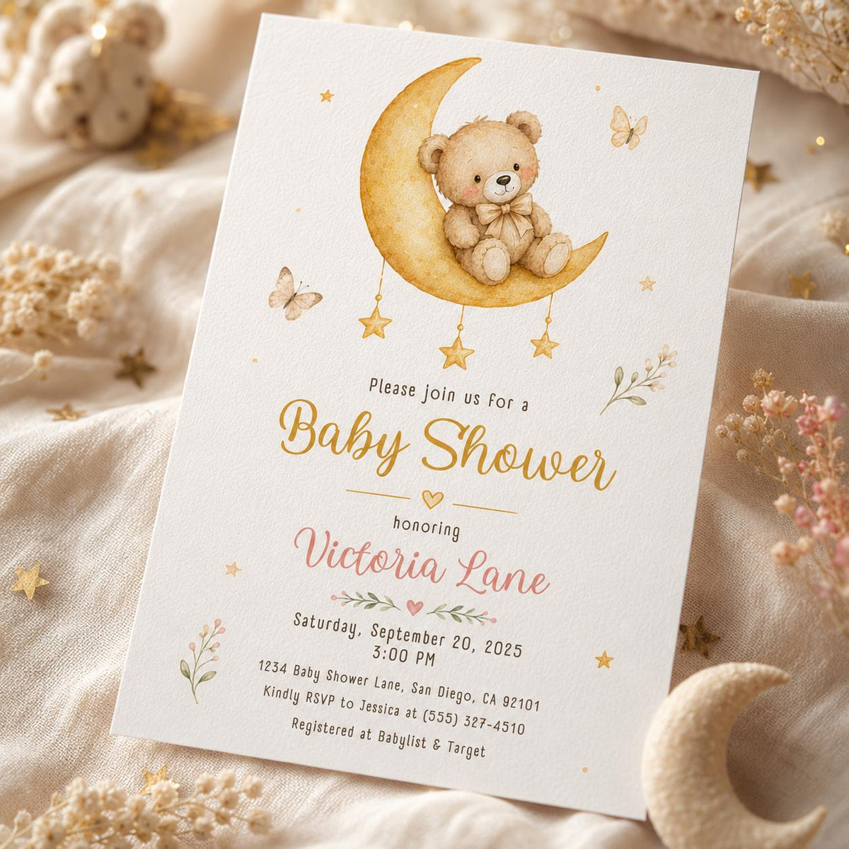 Gold Boho Moon and Stars Baby Shower Invitation for Girls — print-ready baby shower design from VoltBy