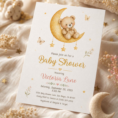 Gold Boho Moon and Stars Baby Shower Invitation for Girls — print-ready baby shower design from VoltBy