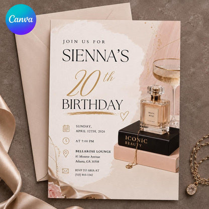 Gold Elegant 20th Birthday Invitation for Her — editable Canva template
