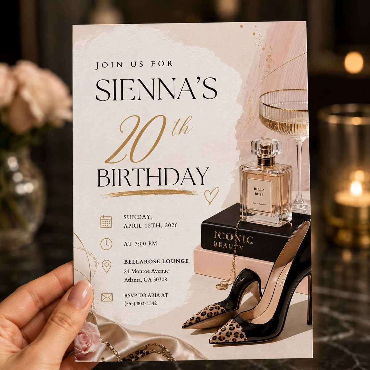 Gold Elegant 20th Birthday Invitation for Her — print-ready 20th birthday party design from VoltBy