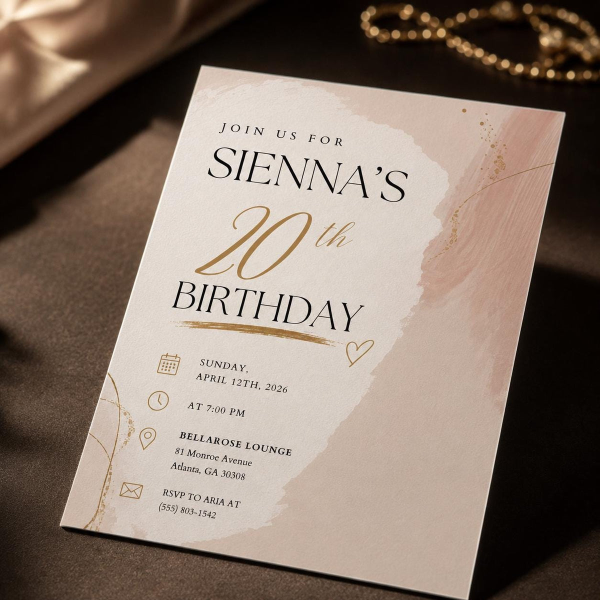 Gold Elegant 20th Birthday Invitation for Her — 20th birthday party stationery by VoltBy