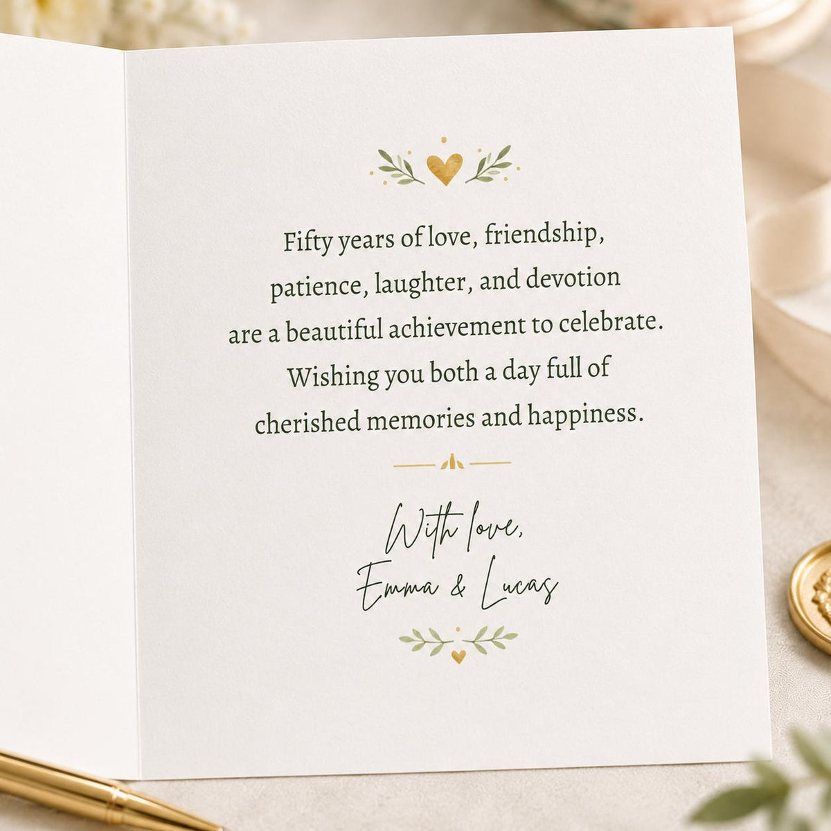 Gold Elegant 50th Anniversary Greeting Card — botanical wedding design
