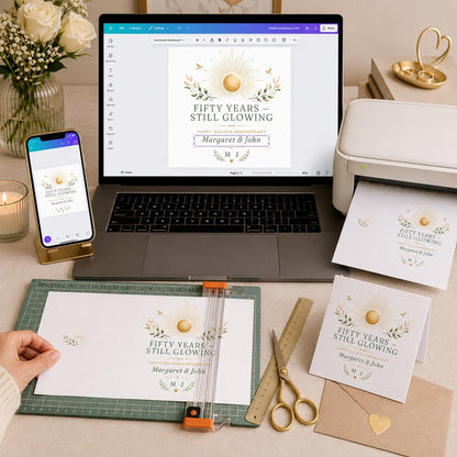 Gold Elegant 50th Anniversary Greeting Card — print-ready wedding design from VoltBy