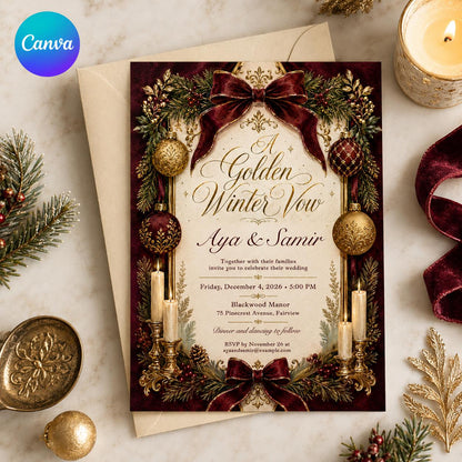 Gold Elegant Burgundy Christmas Wedding Invitation — editable Canva template