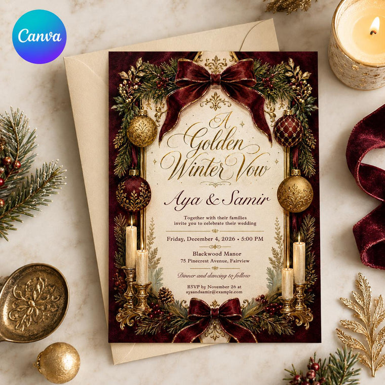 Gold Elegant Burgundy Christmas Wedding Invitation
