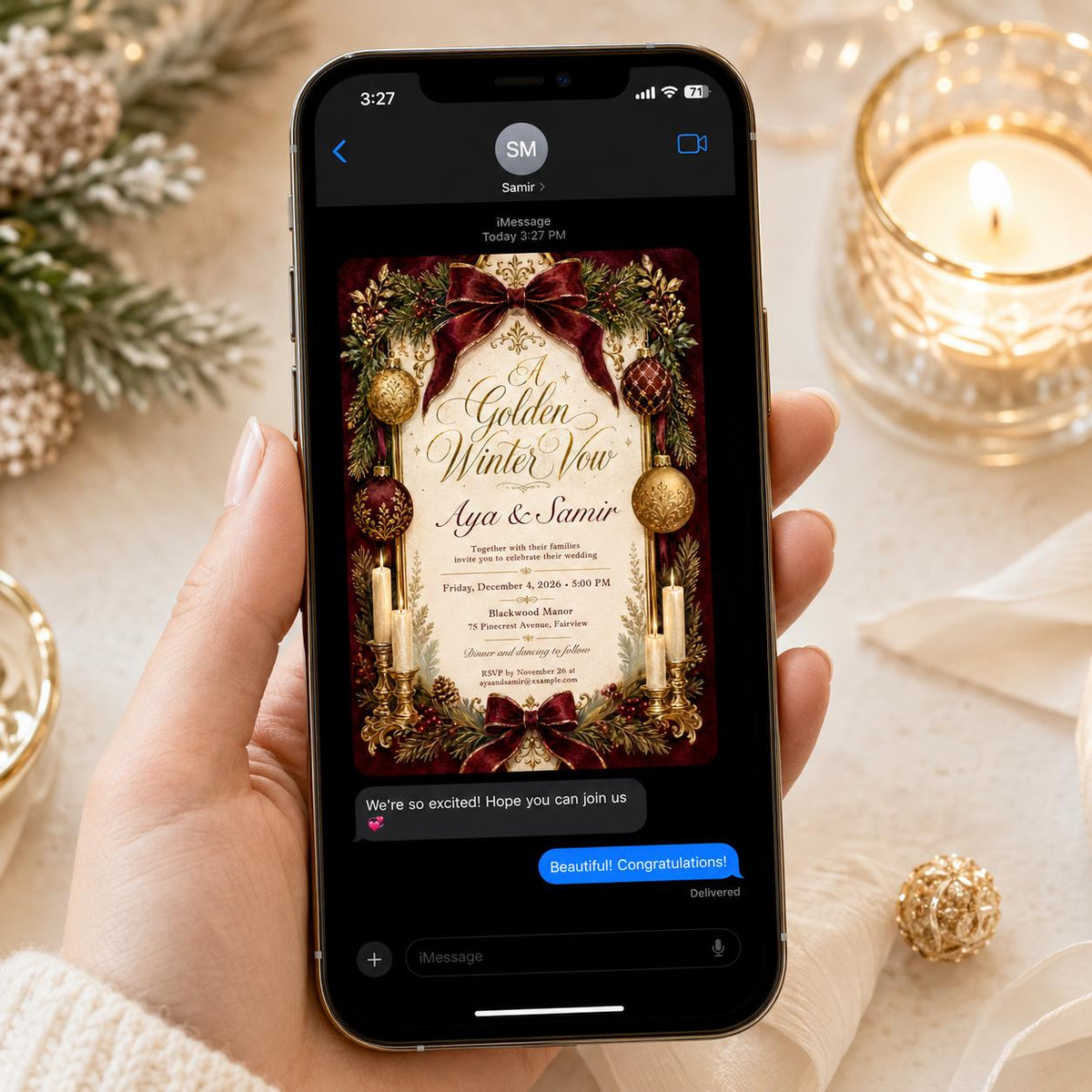Gold Elegant Burgundy Christmas Wedding Invitation — bow and floral design