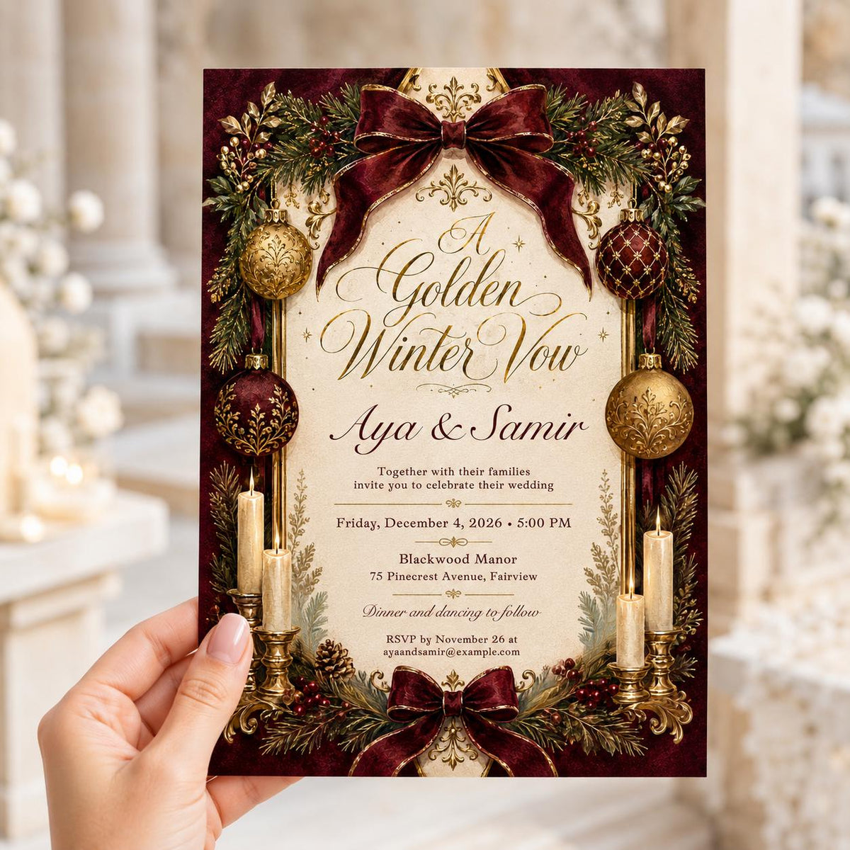 Gold Elegant Burgundy Christmas Wedding Invitation — invitation you personalize in Canva