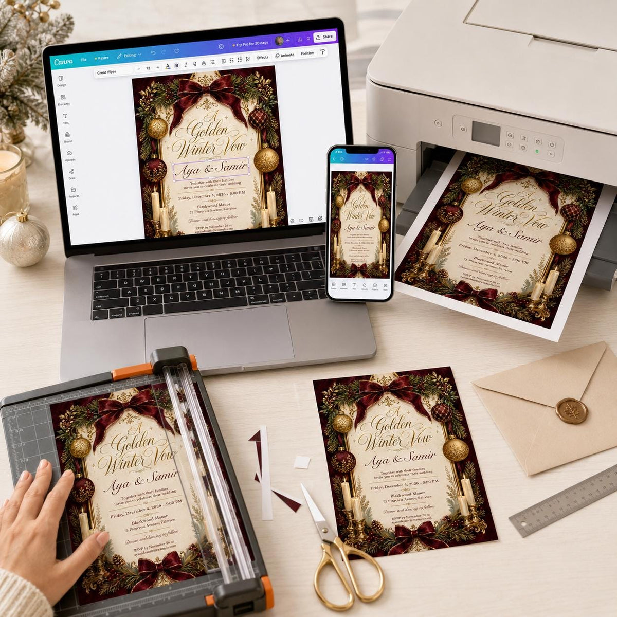 Gold Elegant Burgundy Christmas Wedding Invitation — print-ready wedding design from VoltBy